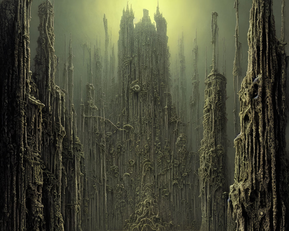 Intricate gothic cathedral crafted from gnarled trees under a murky green sky