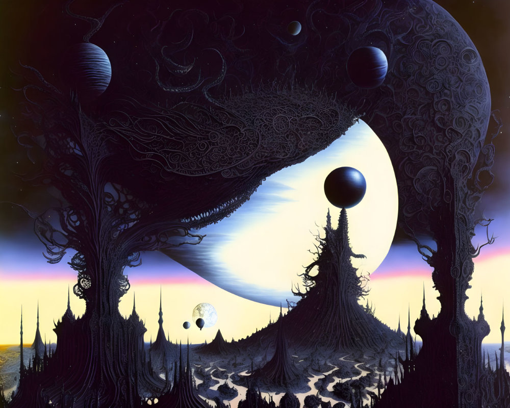 Surreal Landscape with Trees, Spired Structures, and Celestial Orbs