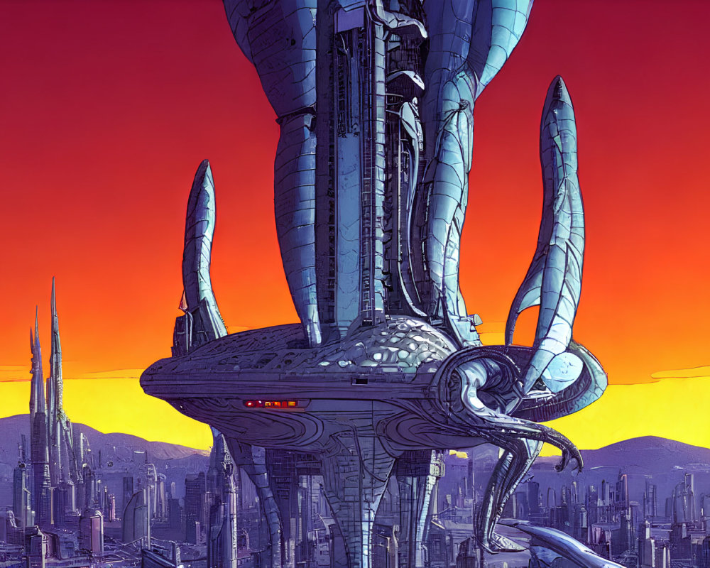 Futuristic cityscape with tentacle-like skyscrapers at sunset