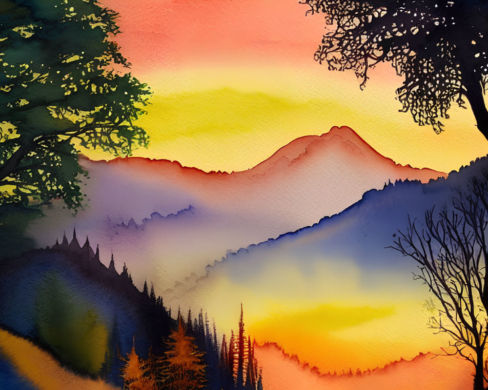 Mountainous Landscape Watercolor Painting: Sunset Silhouette with Graded Sky