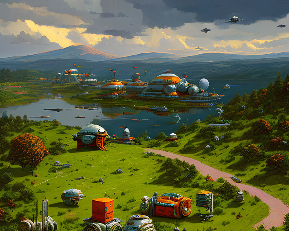 Futuristic landscape with greenery, water bodies, floating cities, and advanced vehicles