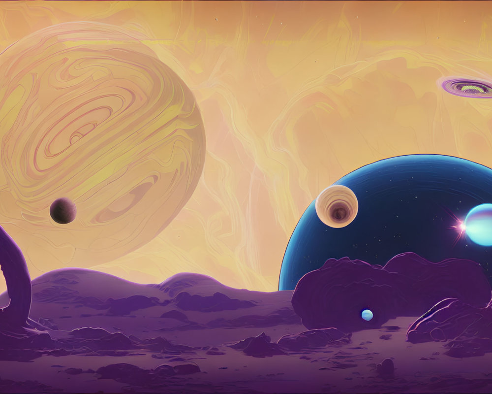 Colorful Sci-Fi Landscape with Ringed and Blue Planets, Alien Terrain, and Yellow Sky