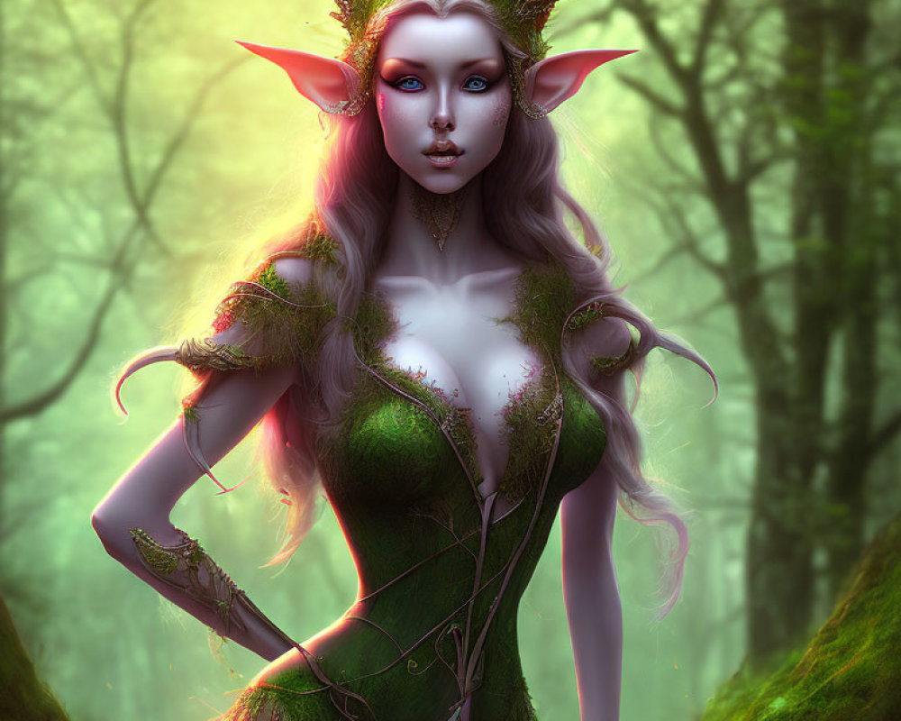 Pointed ears elf woman in nature-inspired attire in ethereal forest