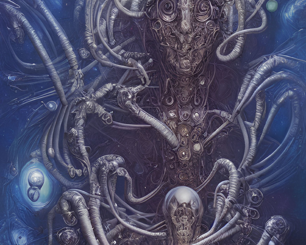 Sci-fi illustration of mechanical entity with tentacle-like appendages