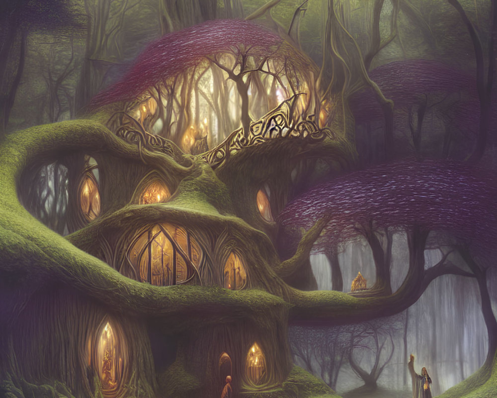 Magical forest scene with glowing treehouses and twisted roots