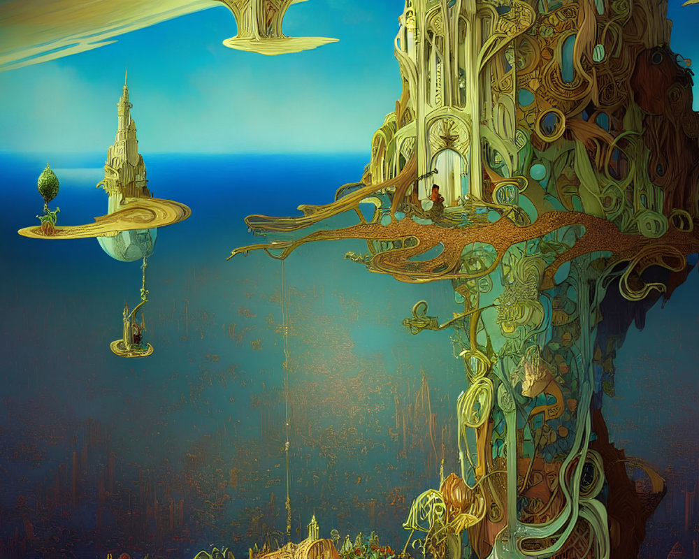 Fantastical landscape with towering organic structure and floating islands