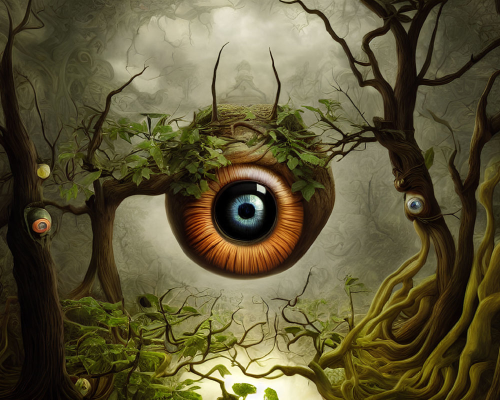 Surreal forest scene with hyper-realistic eye and smaller eyes in trees