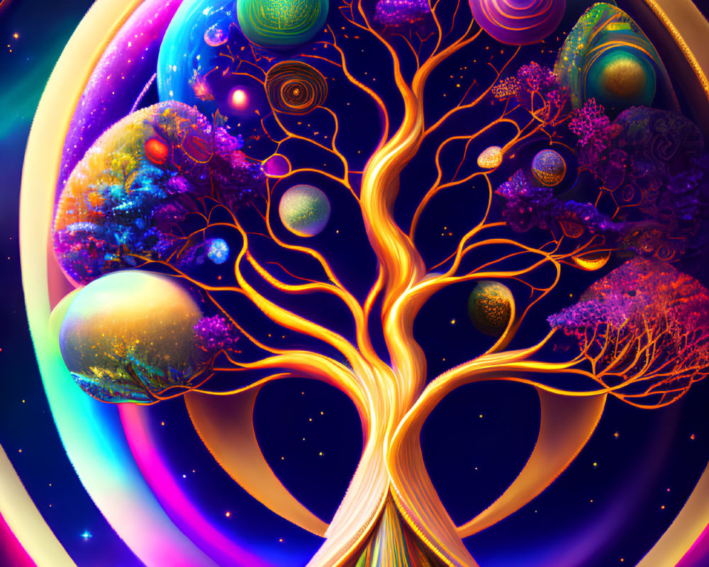 Cosmic tree with planets and celestial bodies in golden frame