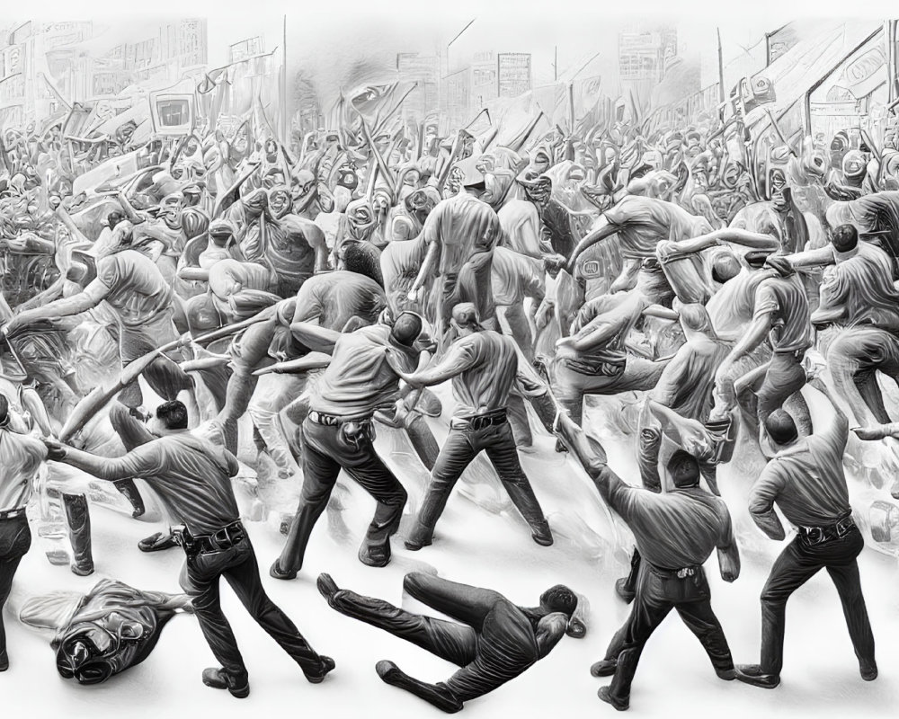 Chaotic monochromatic brawl scene in urban setting