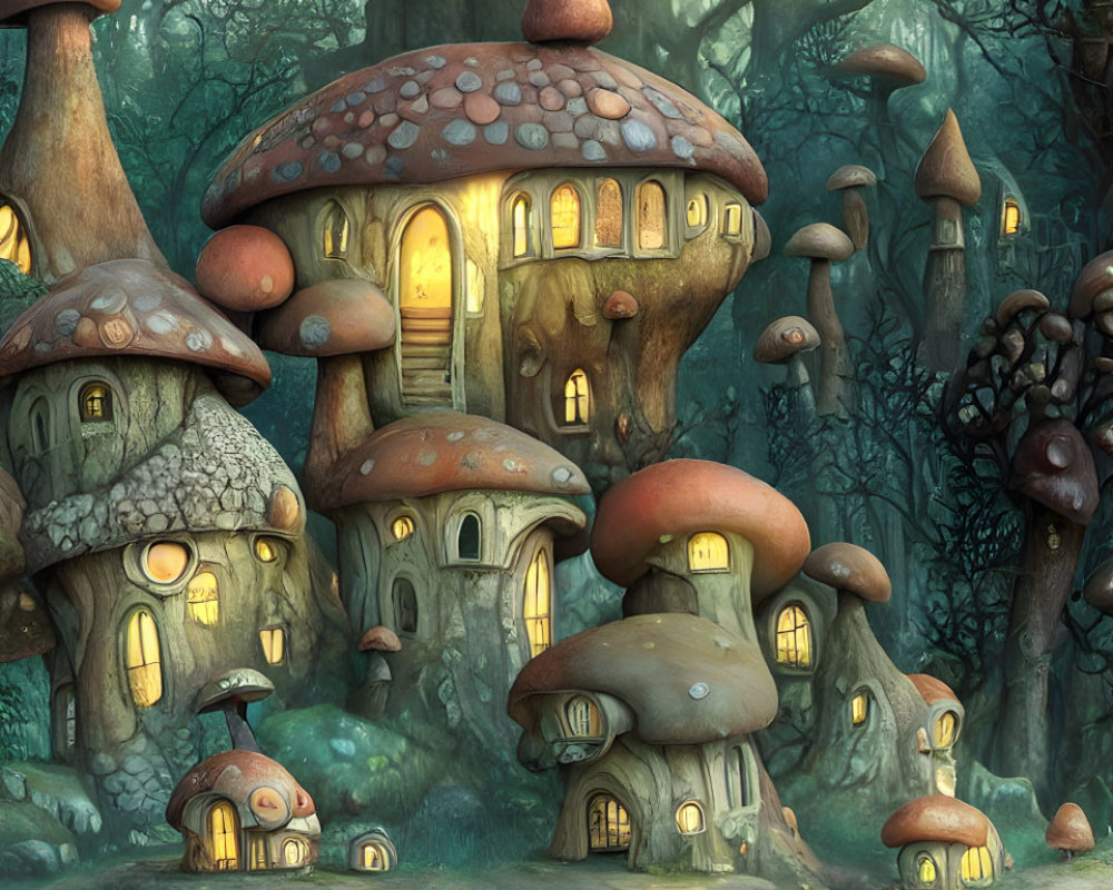 Enchanting Forest Scene with Whimsical Mushroom Houses