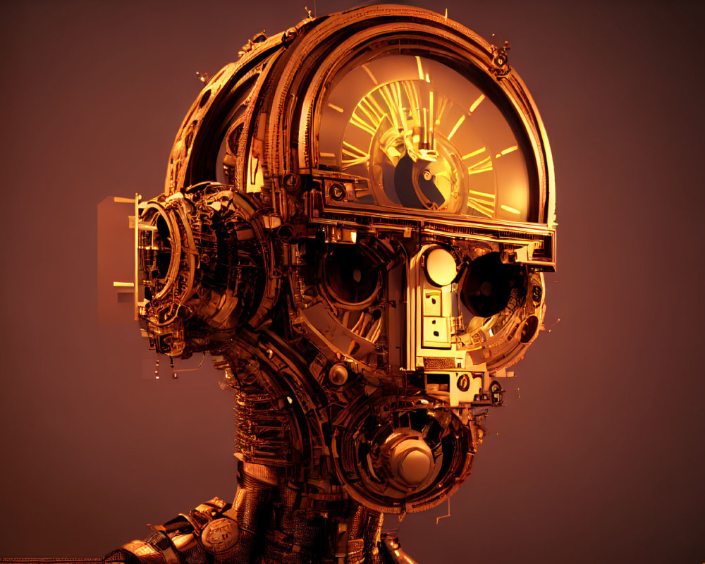 Detailed 3D mechanical head profile with gears and metallic components on dark background