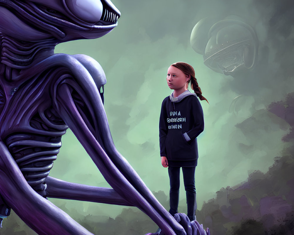 Young girl meets large alien creature in misty landscape with looming figure