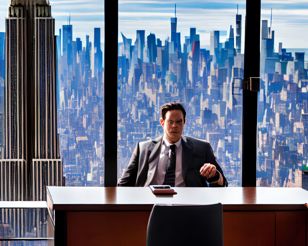 Businessman in suit at conference table with city skyline view.