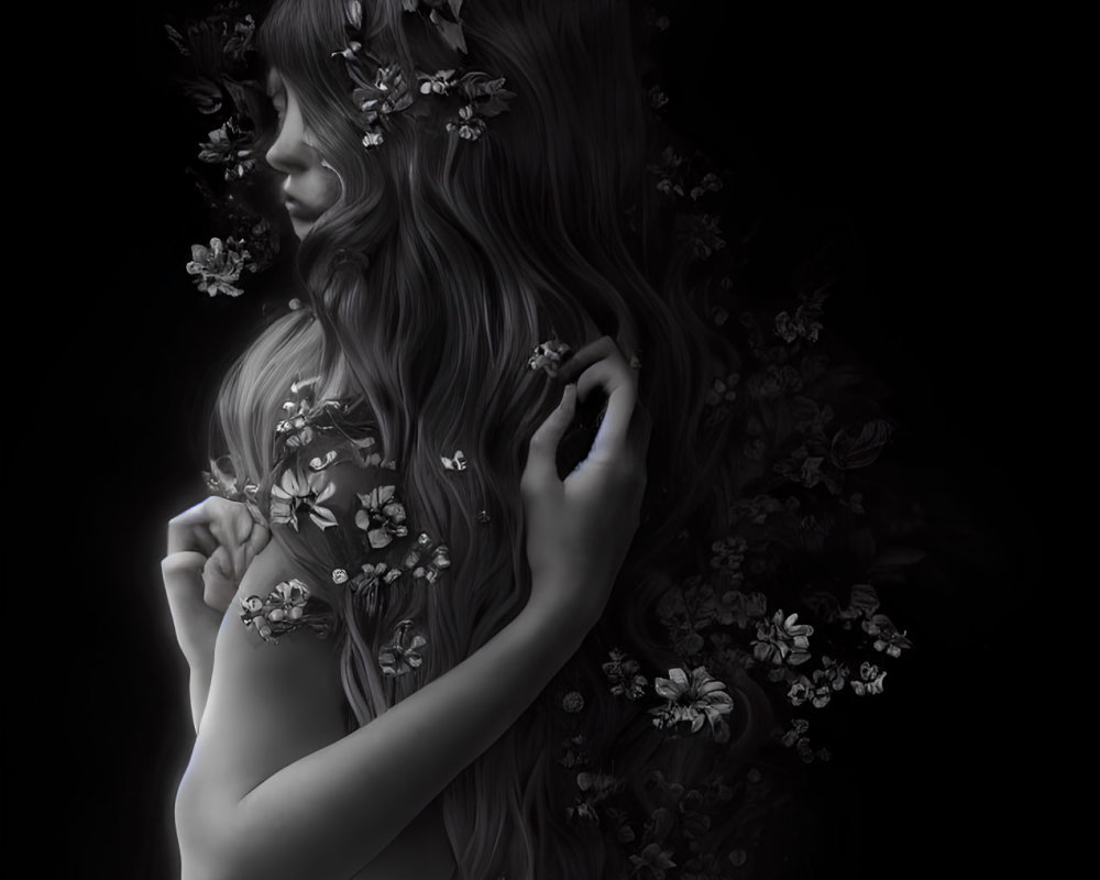 Monochromatic portrait with cascading hair and floral patterns on dark backdrop