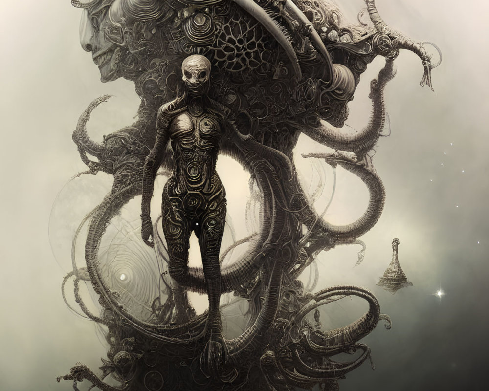 Ethereal humanoid figure with intricate patterns and swirling tentacles in misty setting