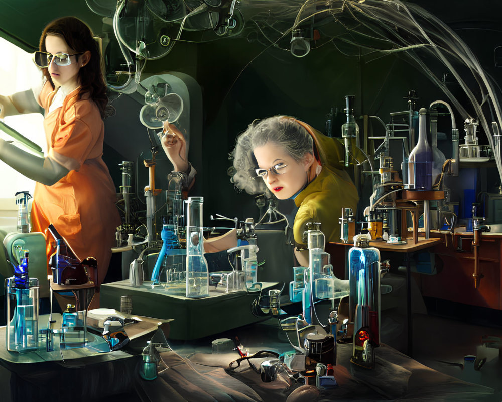 Women working with glassware and chemicals in advanced laboratory