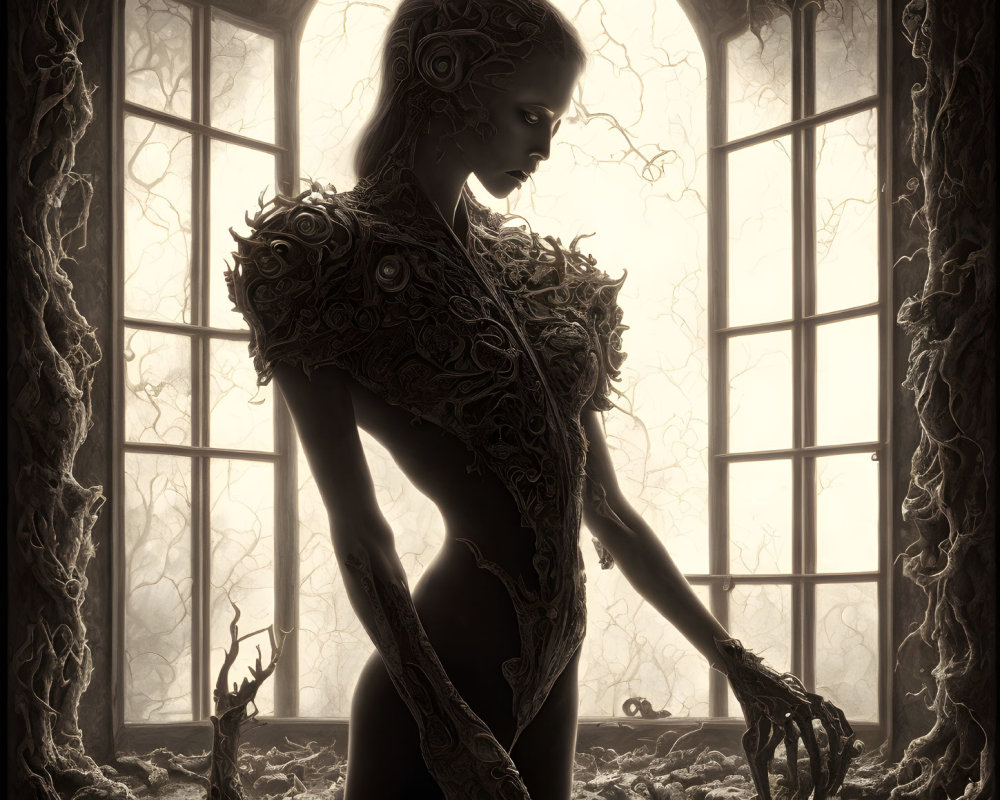 Ethereal female figure by gothic window with intricate shadows