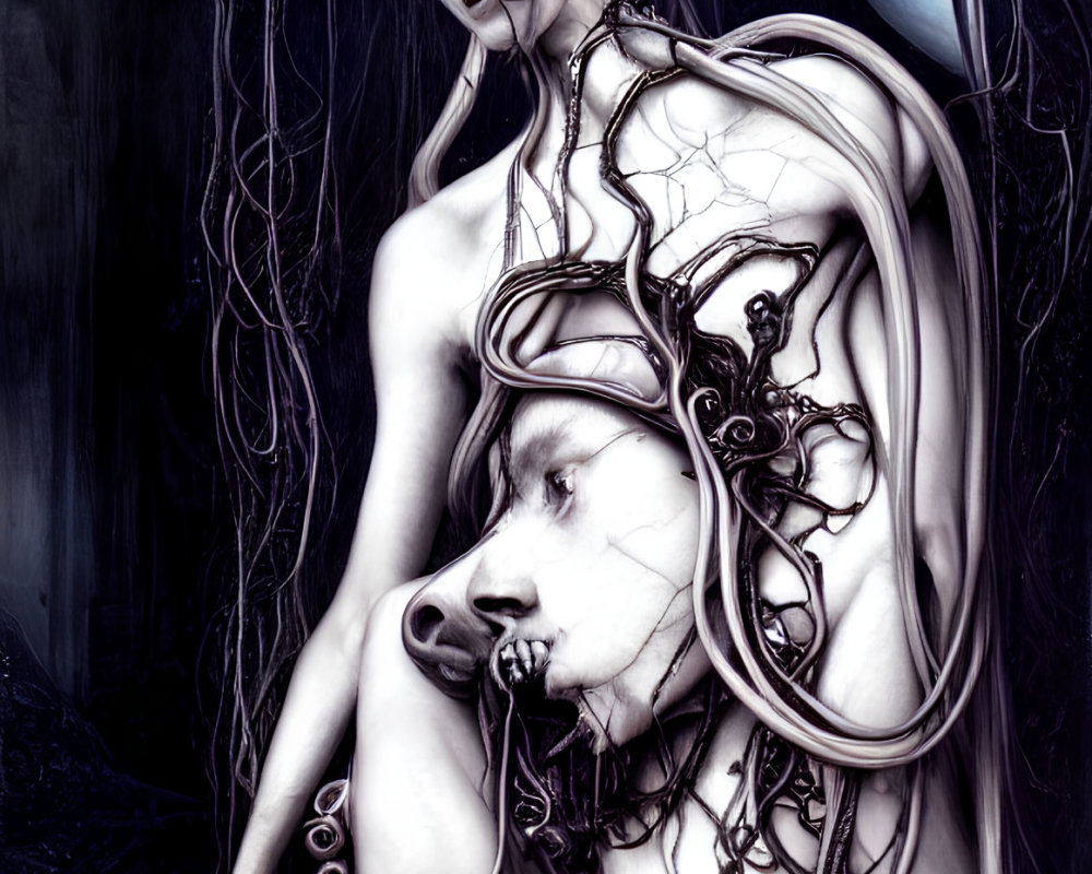 Body-painted individuals with wire veins in surreal cybernetic fantasy setting