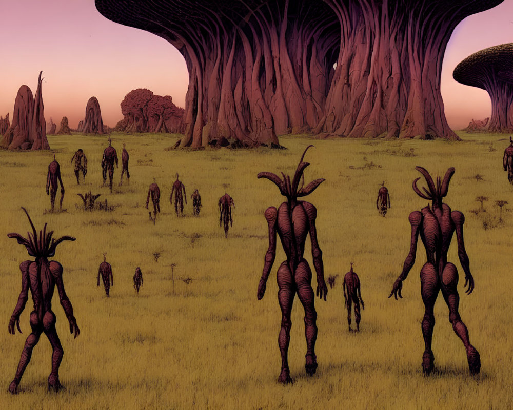 Elongated alien creatures in a surreal landscape with mushroom-like trees