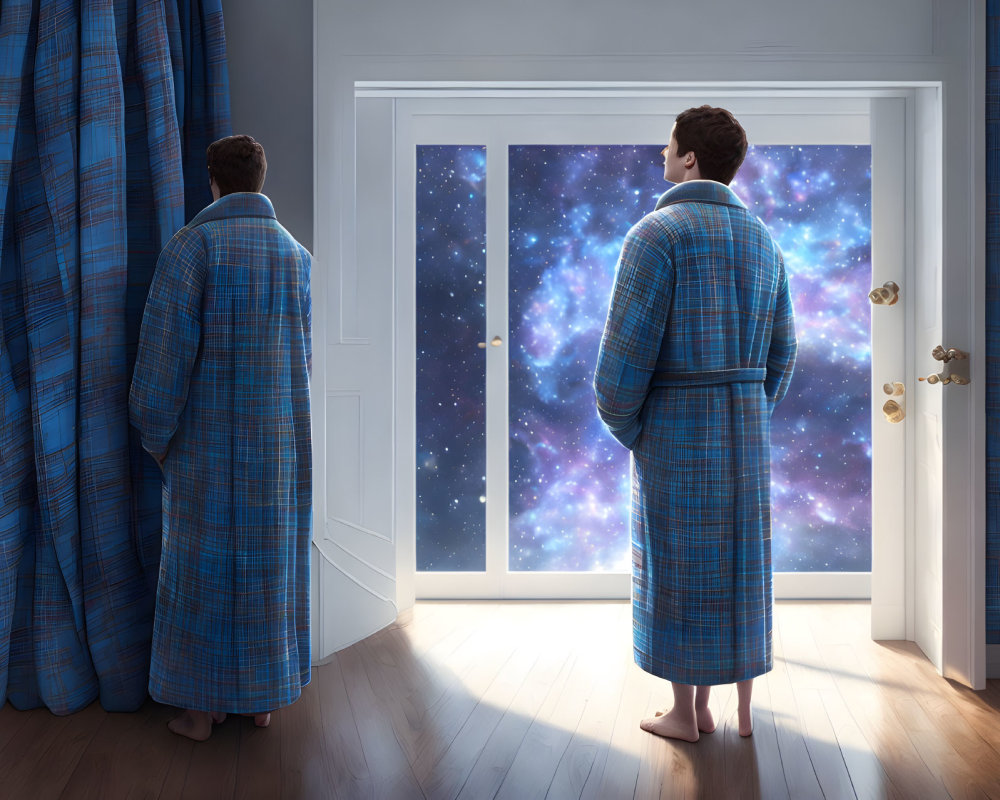 Person in plaid robe gazes at surreal outer space view