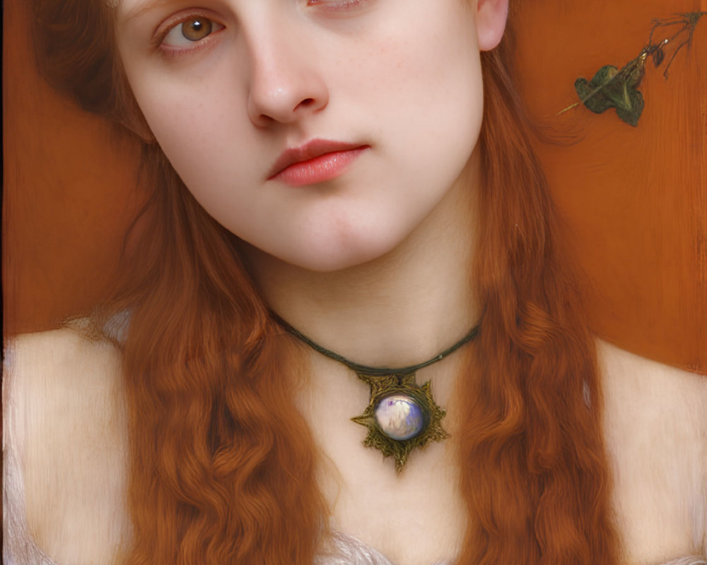 Woman with Long Wavy Red Hair in White Dress and Leafy Headband