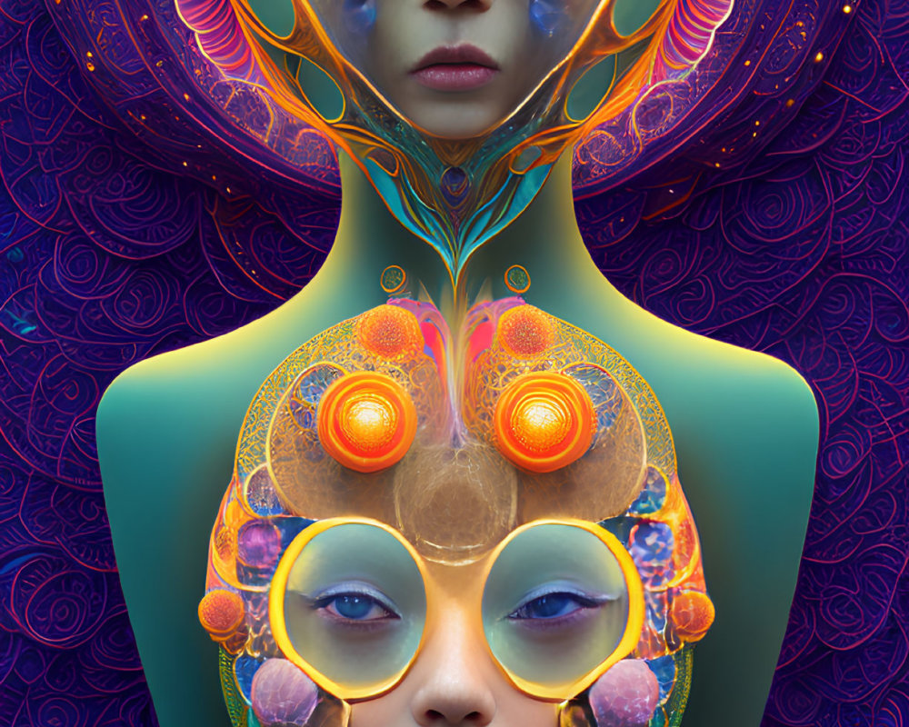 Colorful digital artwork: Figure with multiple eyes and intricate patterns