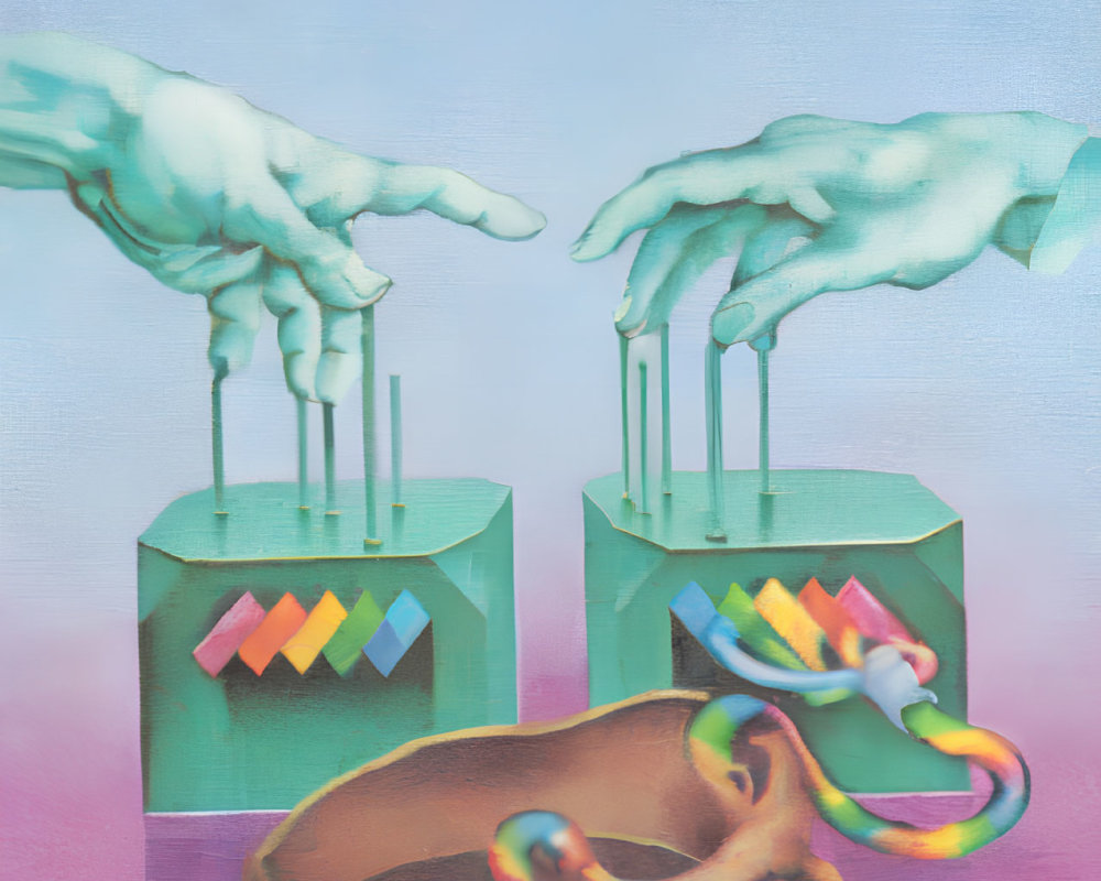 Surreal hands with dripping fingers over colorful pedestals and abstract bowl.