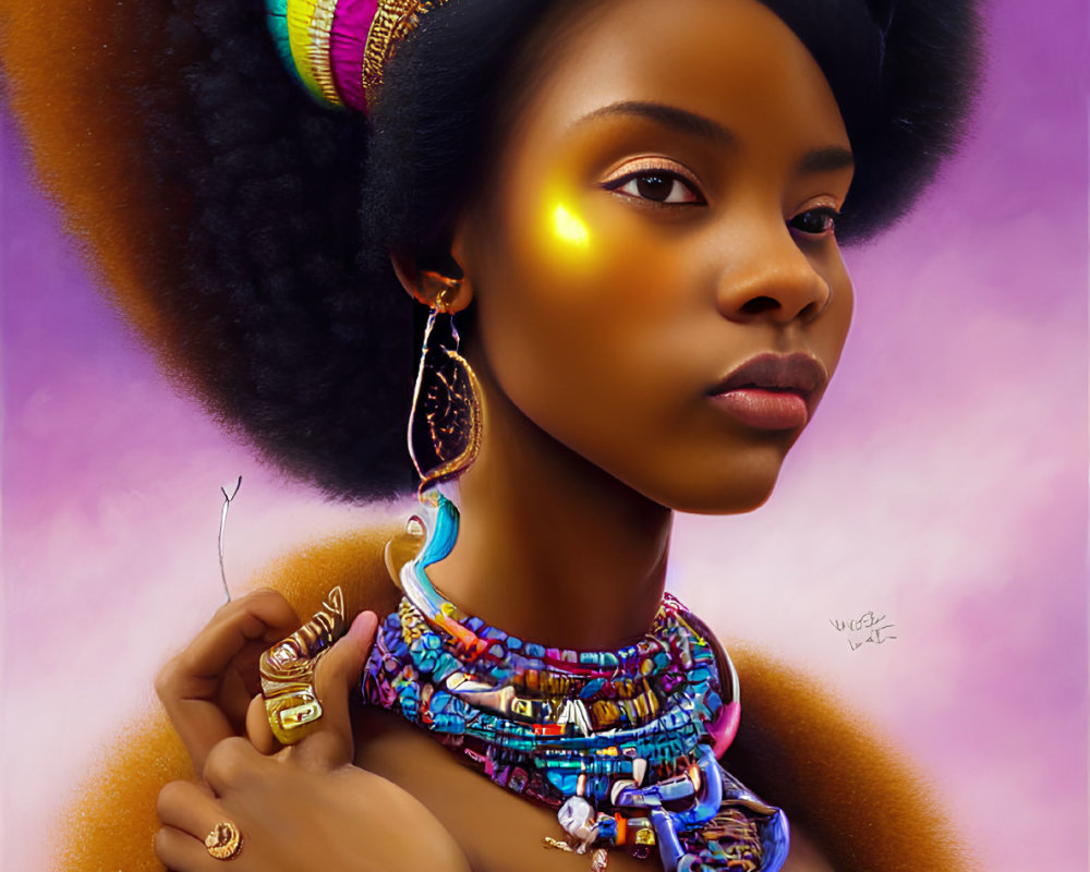 Vibrant Afro Woman Illustration with Gold Accents