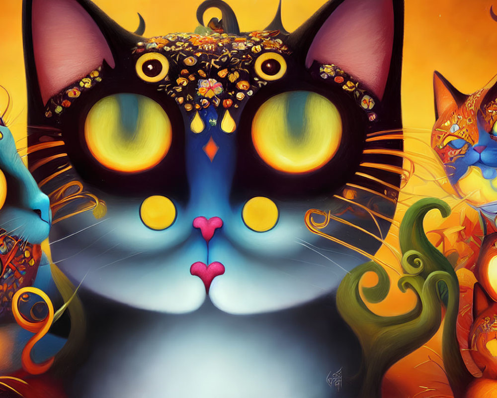 Colorful Whimsical Black Cat Illustration with Expressive Eyes