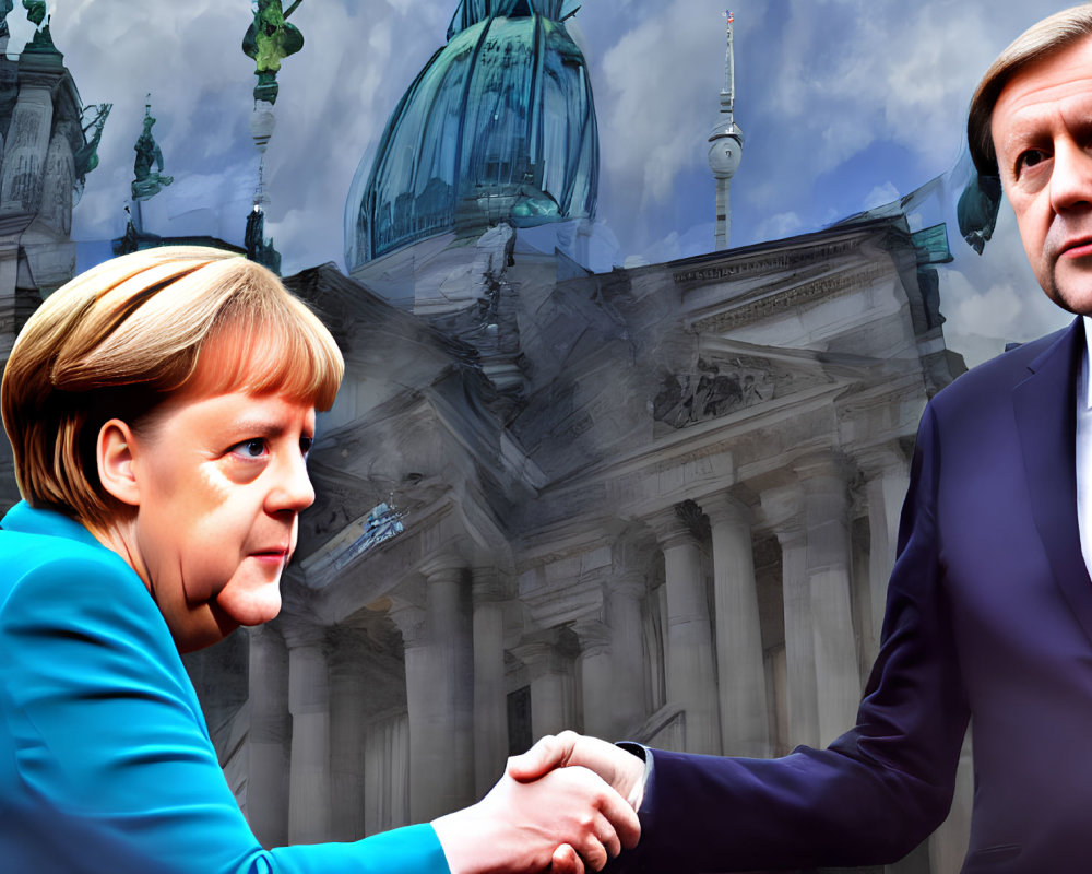 Politicians shaking hands at Berlin Reichstag with TV Tower.