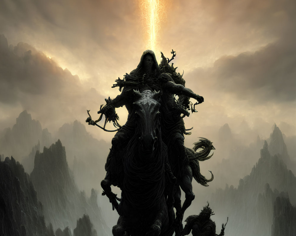 Mystical figure on horseback in forest with mountains and dramatic light beam