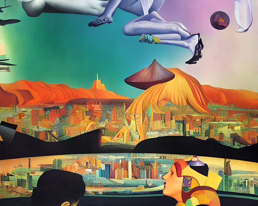 Surreal urban landscape with oversized mushrooms and vibrant colors