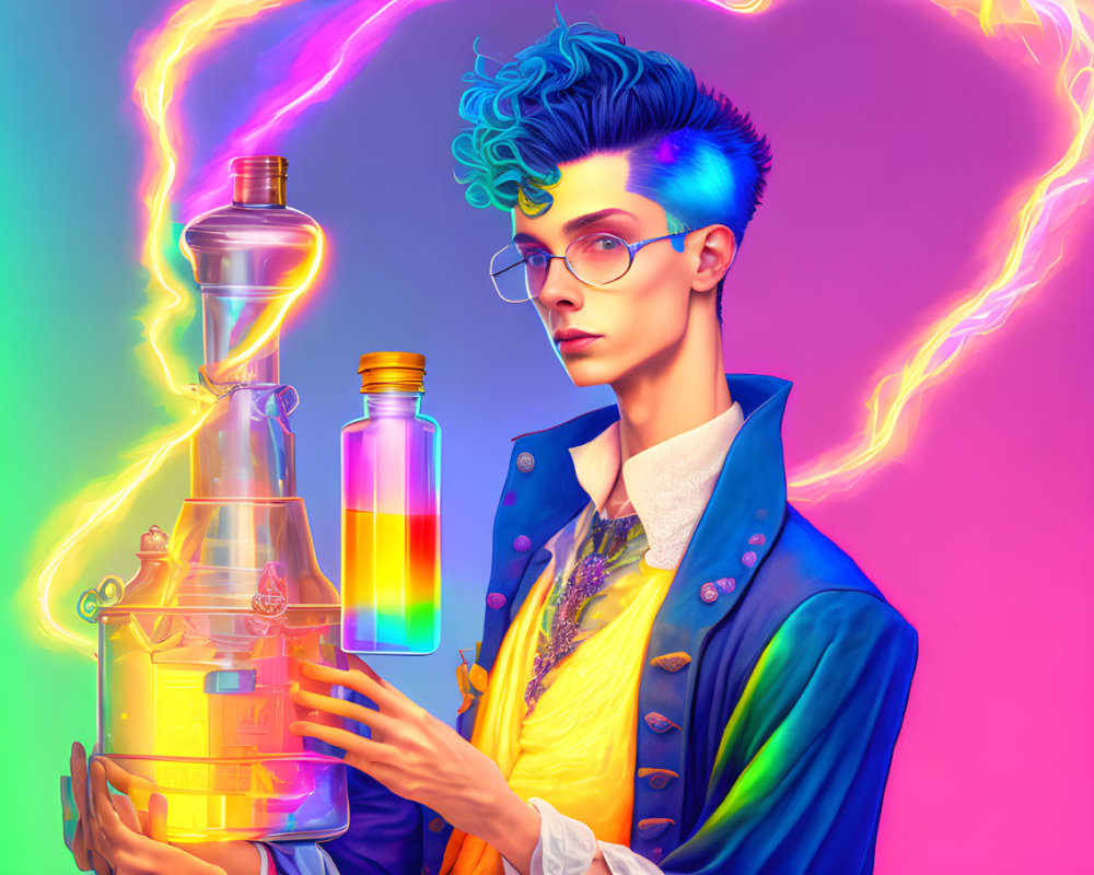 Colorful digital artwork: Stylish figure with blue hair, lantern, and bottle on neon background