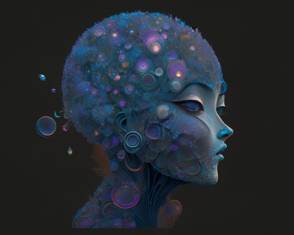 Profile View Digital Artwork: Cosmic-Themed Figure with Vibrant Blue and Purple Head