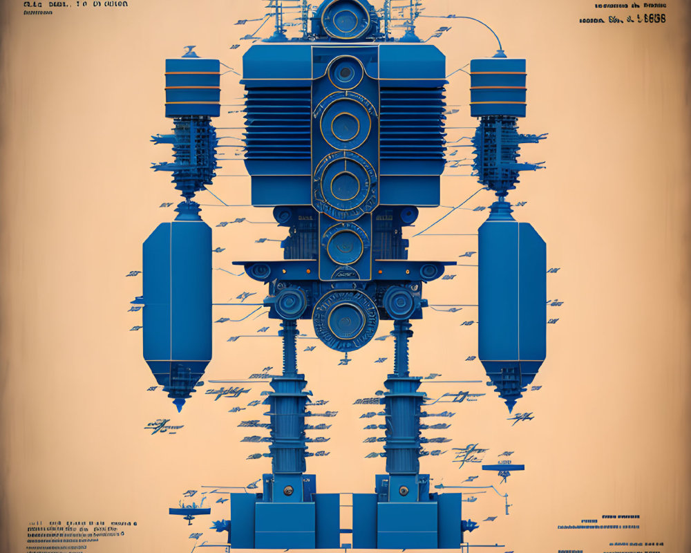 Vintage-style blueprint of fictional engine with annotations & measurements