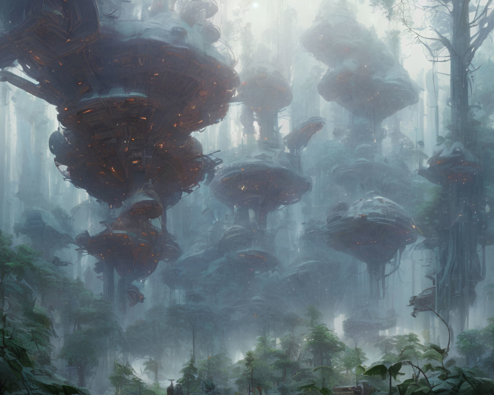 Enigmatic forest with towering trees and floating structures in misty setting