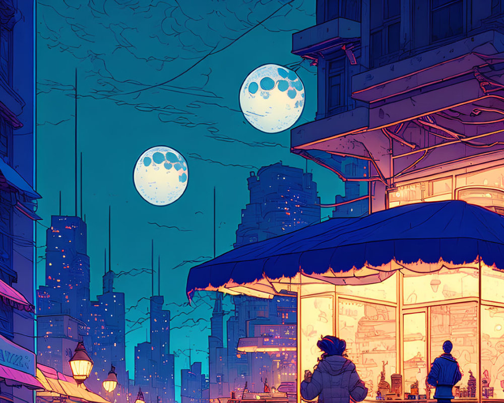 Cityscape illustration at dusk with two moons, cafe scene, skyscrapers, and retrofut