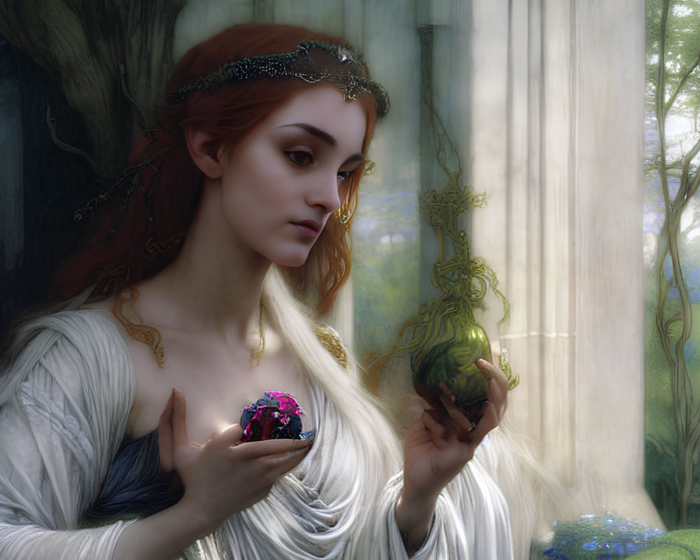 Red-haired elven woman with magical fruit in serene forest setting