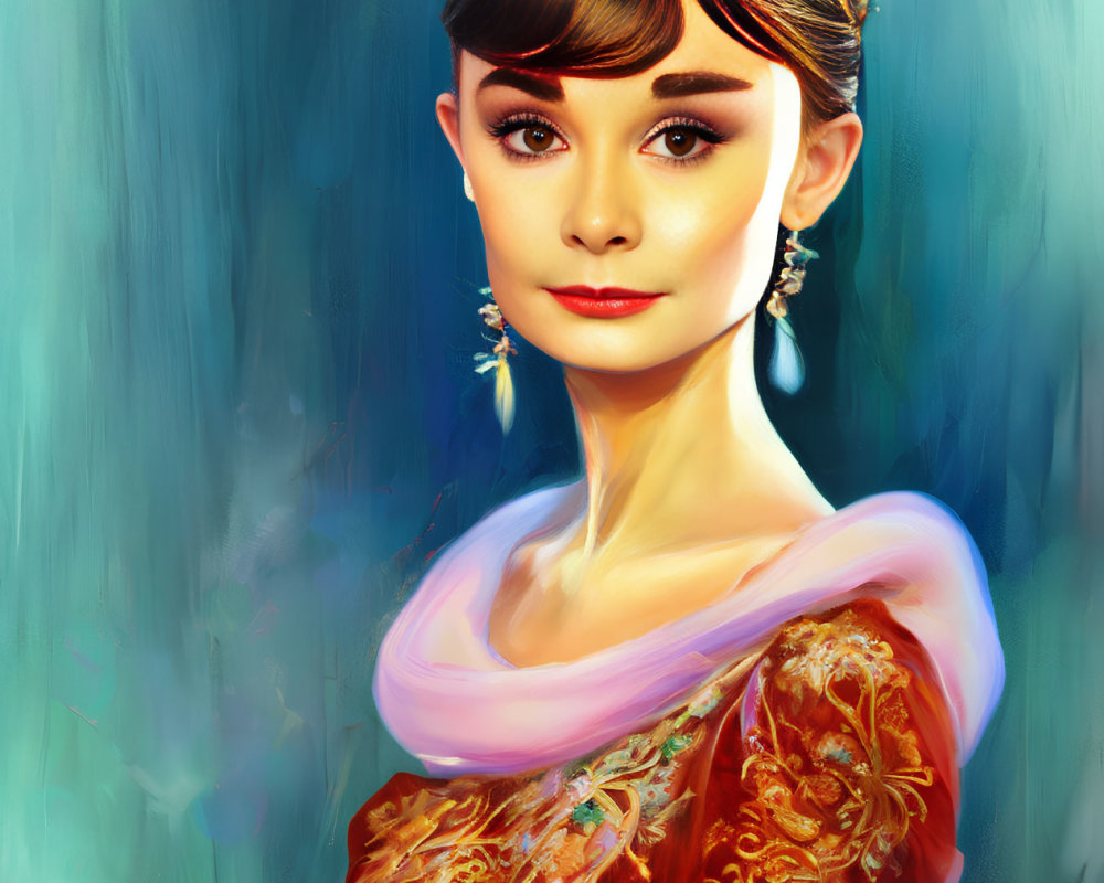 Digital portrait of woman in elegant crown and red dress with sheer scarf and refined makeup