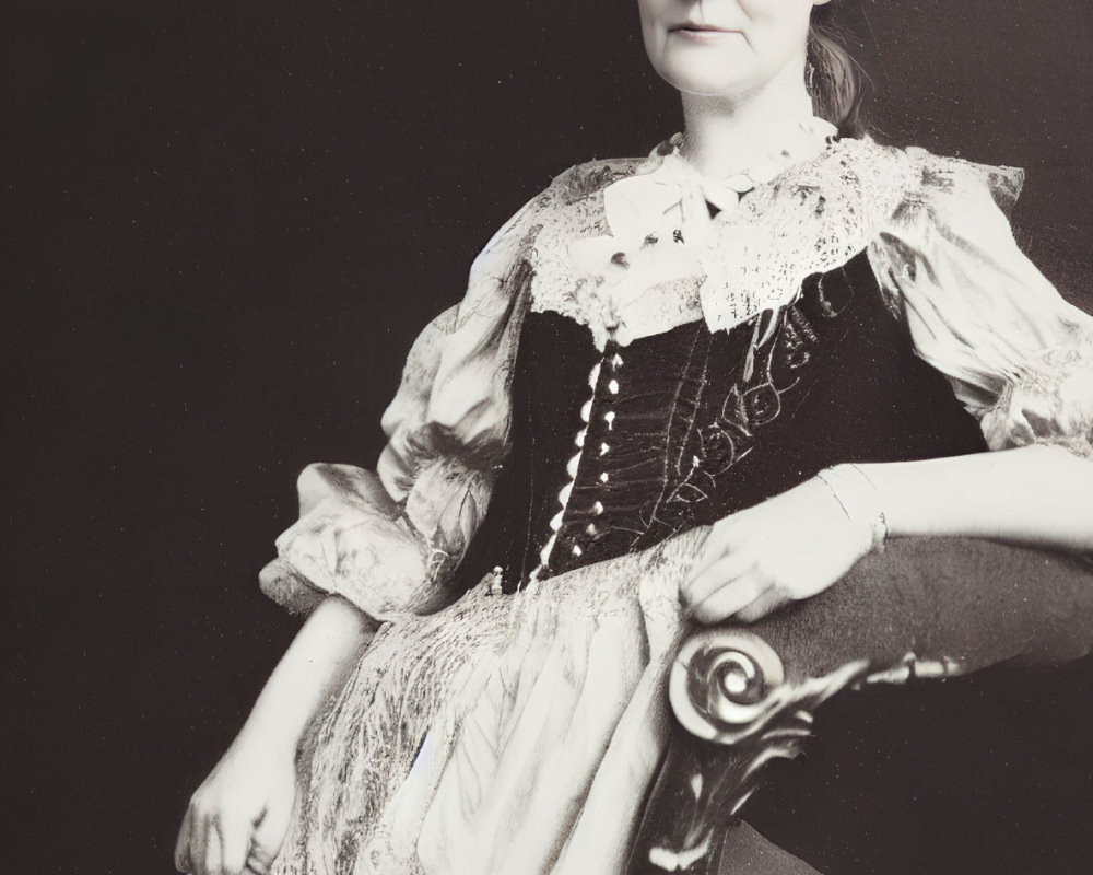 Vintage Black and White Photo of Woman in Historical Dress with Lace Collar