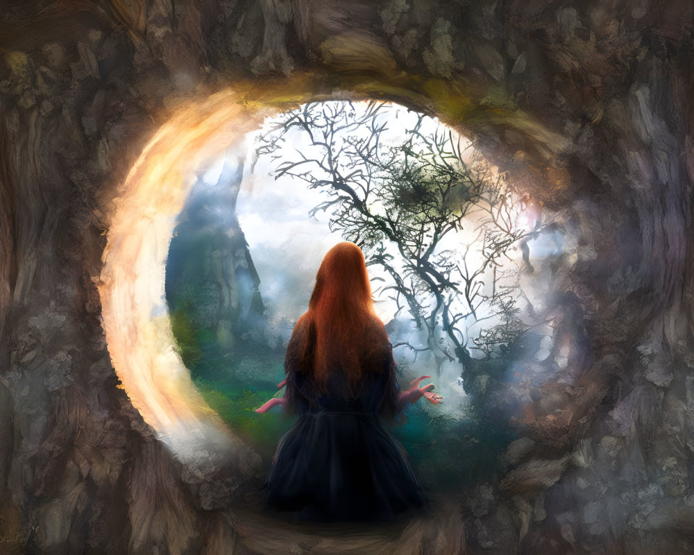 Long Red-Haired Person at Tree Hollow Entrance in Mystical Landscape