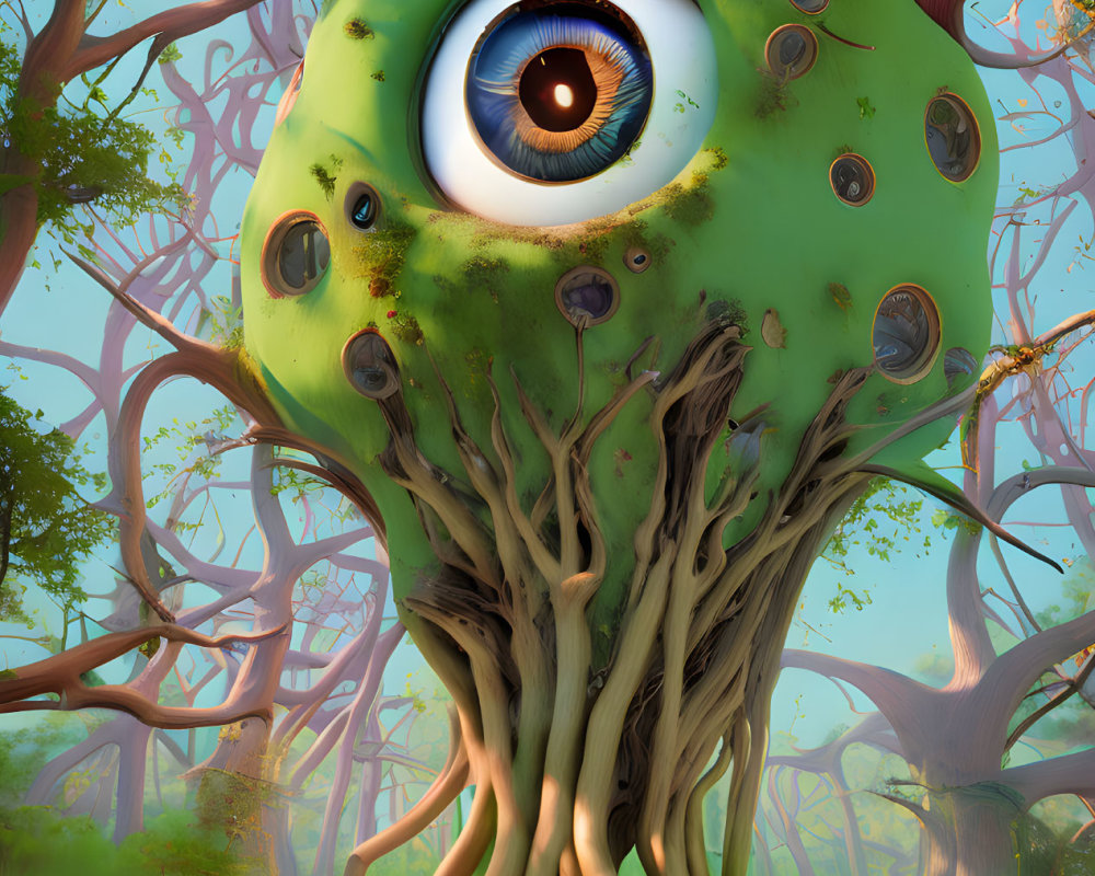 Colorful Illustration of Large Eye-Shaped Creature in Enchanted Forest