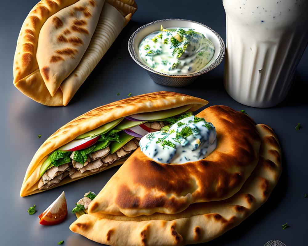 Mouth-watering Stuffed Pitas with Tzatziki Sauce and Yoghurt Drink