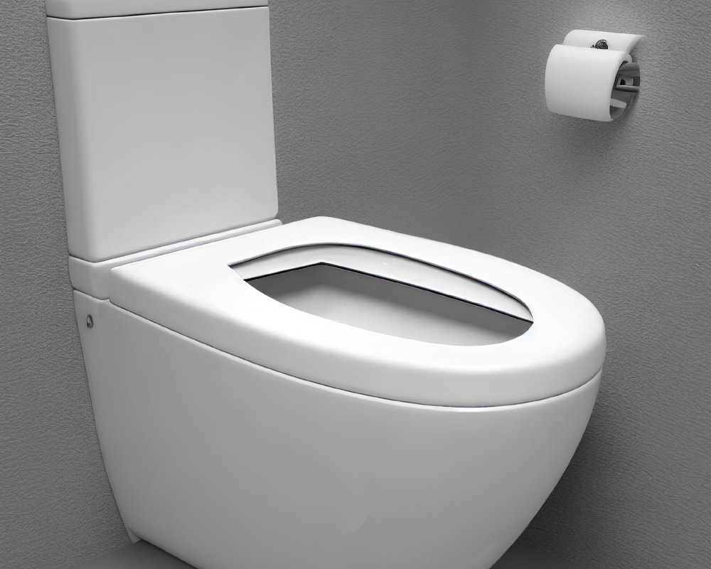 White Ceramic Toilet with Open Lid on Grey Background Next to Toilet Paper Holder