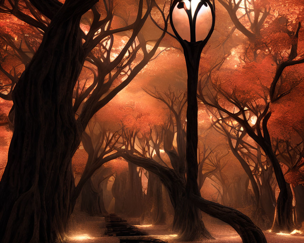 Enchanting Forest Path with Glowing Lantern and Autumnal Trees