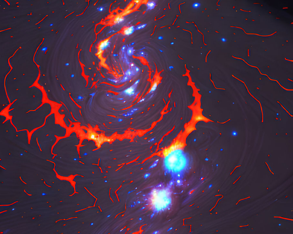 Vibrant Digital Art: Fiery Red & Blue Cosmic Whirlwind in Starry Space