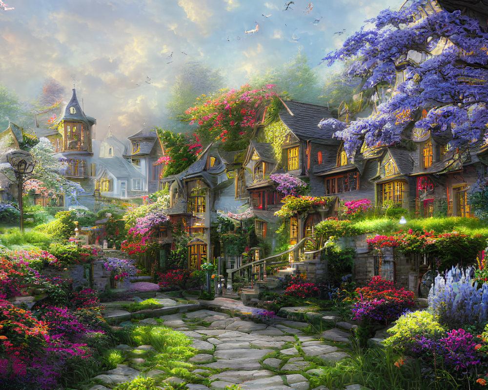 Colorful garden with overgrown flowers and cobblestone path in warm sunlight