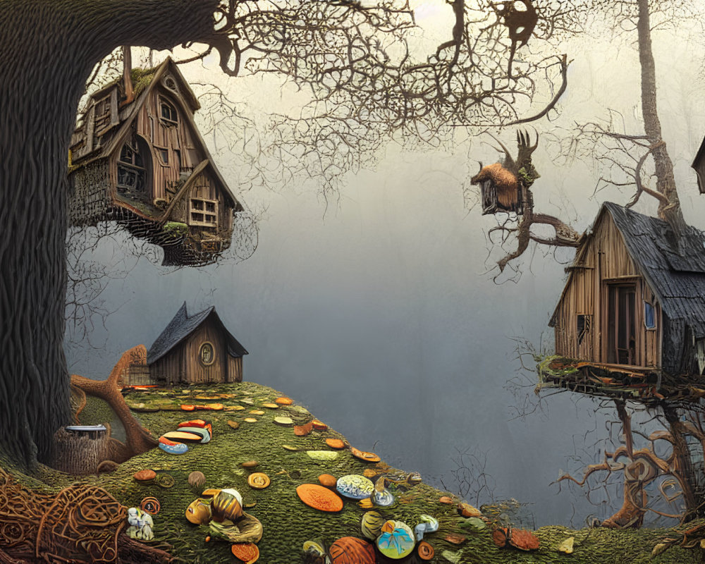 Whimsical Treehouses in Fantasy Landscape with Colorful Mushrooms and Birds