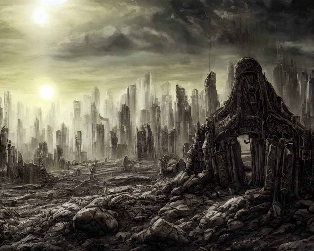 Post-apocalyptic cityscape with skeletal buildings and ominous throne-like structure.