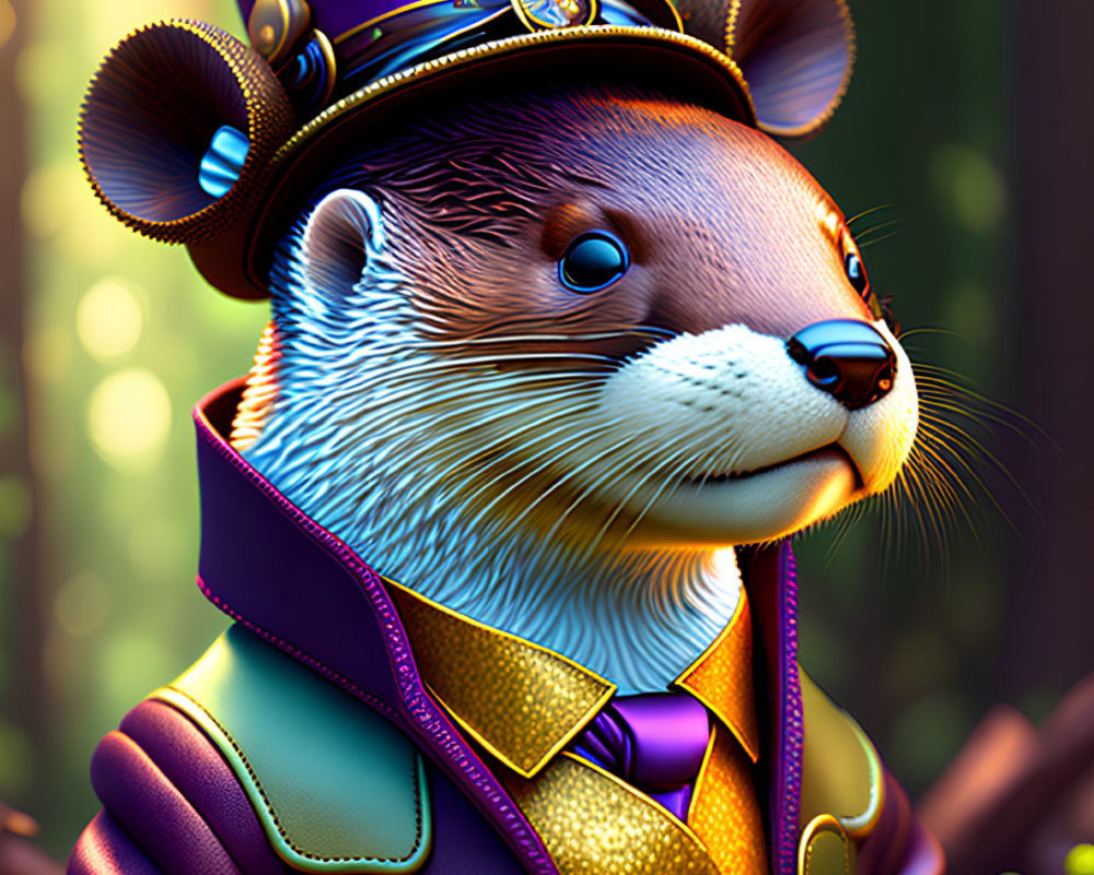 Anthropomorphic Otter in Victorian Outfit in Forest Scene